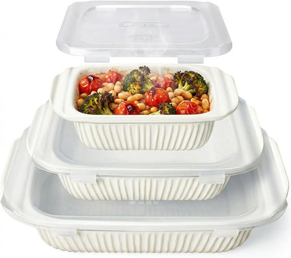 Casserole Dishes for Oven, Ceramic Baking Dish, Large Lasagna Pan with Handles, Baking Pan Casserole Dish, Rectangular Bakeware Deep, Set of 3 (5.1Qt/2.3Qt/1.1Qt) (White, with Lids)1