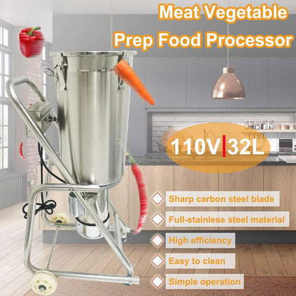 Commercial Food Processor Electric Food Chopper Cutter Stainless Steel Meat Grinder Movable Meat Mincer Food Cutting Machine Double Knives 32L for Fruit Vegetable Meat Grains Garlic 110V2