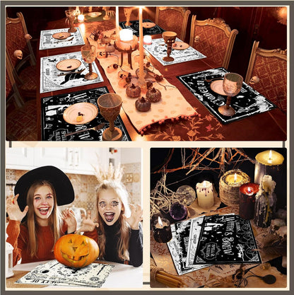 6 Pcs Halloween Placemats 12"X18" Gothic Bat Placemats Kitchen Decoration Washable Witch Place Mats Rectangle Skull Table Mats for Halloween Dining Table Accessories(Black White Character Style)6