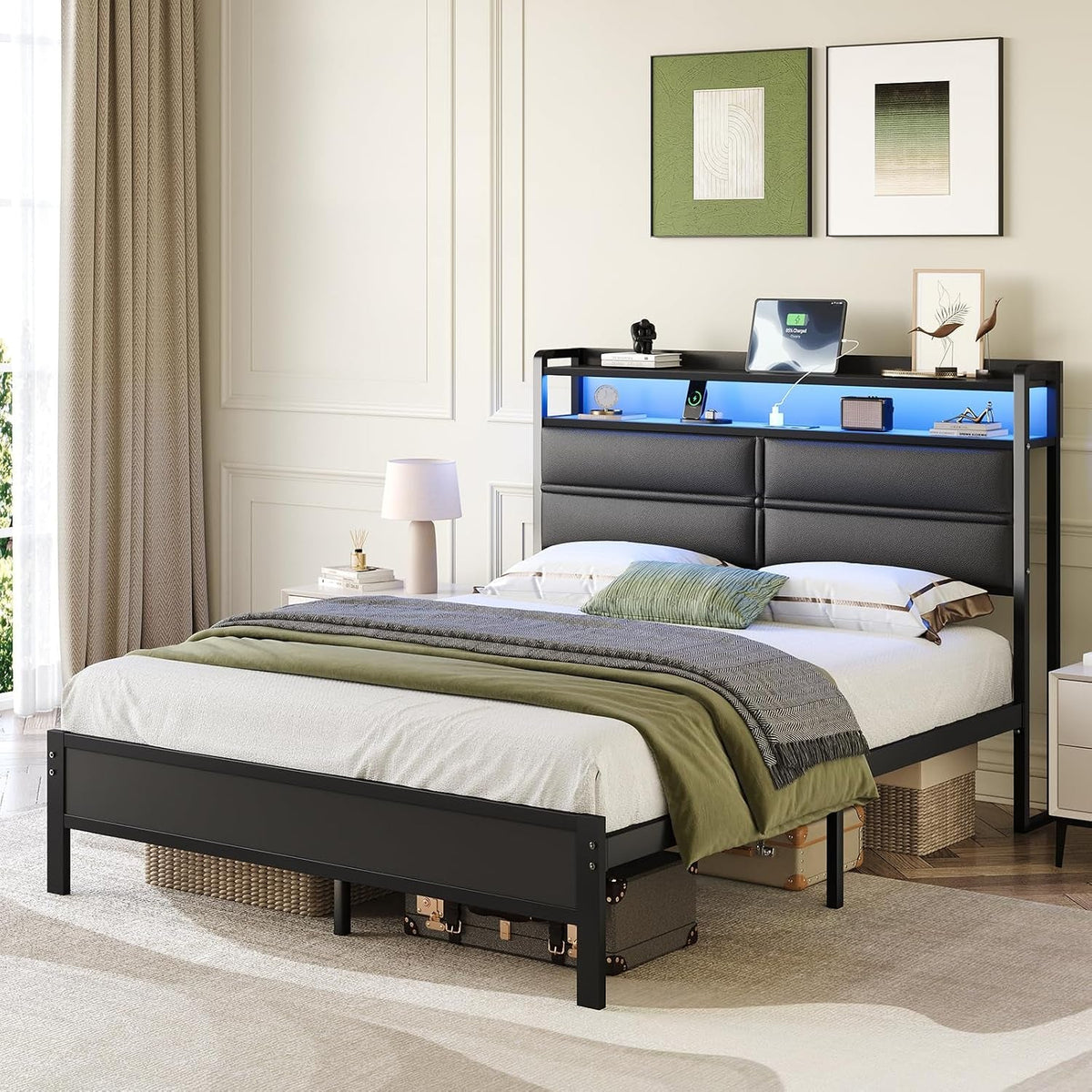 full-size-bed-frame-with-led-lights-and-charging-station-black
