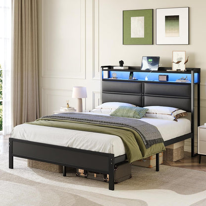Queen Size Bed Frame with LED Lights and Charging Station, Black8