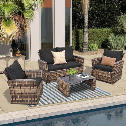 4 Piece Patio Furniture Set, Outdoor Wicker Sectional Sofa Set9