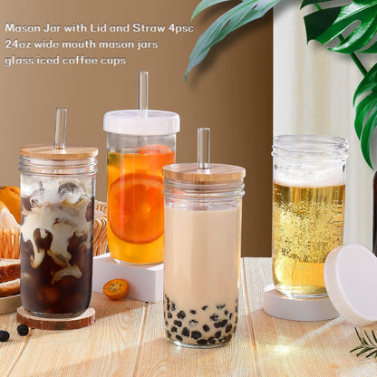 Glass Cups with Lids and Straws,24 Oz Smoothie Cup with Lid and Straw-Boba Mason Jar,Matcha Cup Wide Mouth Reusable Drinking Glasses,Iced Coffee Cups Glass,Vasos De Vidrio【4 Pack】4
