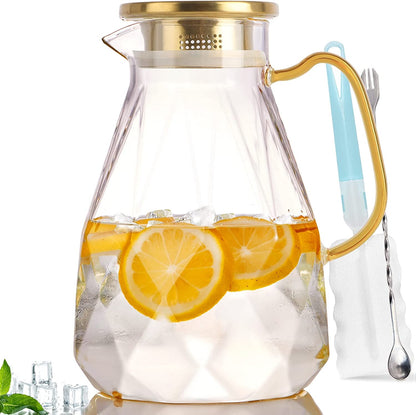 Glass Pitcher, 2.2 Liter Water Pitcher with Lid | Iced Tea Pitcher for Fridge,Carafe with Lid, Glass Water Jug for Juice, Milk, Cold or Hot Beverages, 2 Quart1