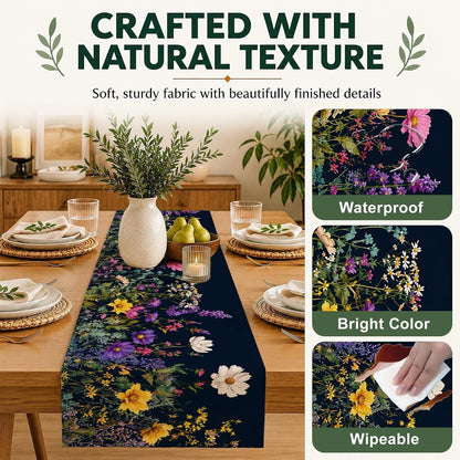 Wildflower Spring Floral Table Runner,Garden Flowers Washable Kitchen Dining Table Runner for Home Party Decor, Indoor Outdoor Dresser Scarf3