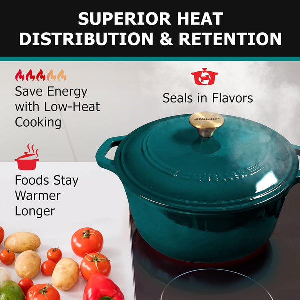 Mueller Duracast 6 Quart Enameled Cast Iron Dutch Oven Pot with Lid | Sourdough Bread Baking, Pfoa-Free, 500°F Oven Safe - All Cooktops Incl. Induction, Braising & Slow Cooking, Emerald4
