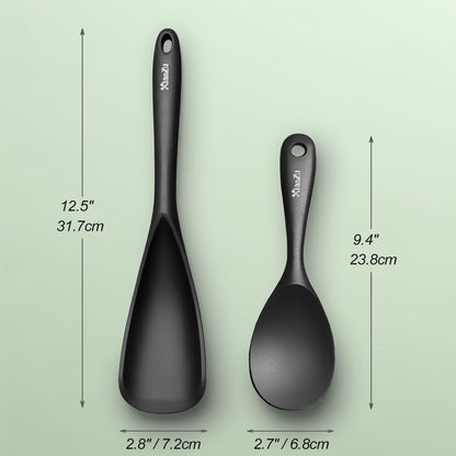 Silicone Cooking Spoon & Rice Scooper Set for Nonstick Cookwares, 2Pc Black | Bpf-Free,Heat Resistant- Seamless Design, Non- Toxic Kitchen Utensils for Cooking, Serving, Mixing, Scoop, Scrape, Stirring2