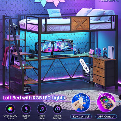 Stairway Twin Size Loft Bed with L Shaped Desk and Wardrobe, Metal Loft Bed Frame with Storage Stairs, 3 Fabric Drawers, LED Lights & Charging Sation (Rustic Brown, Twin)3