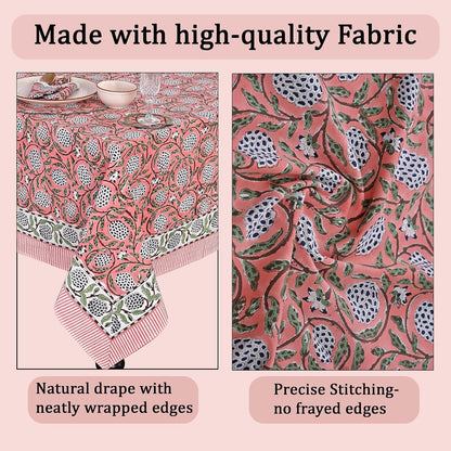 Dark Salmon Pink Hand Block Print Cotton Rectangle Tablecloth 60" X 60" Inches Reusable Table Cover Decorative Everyday Use for Dining Room, Farmhouse, Home Gift for Spring, Mother'S Day6