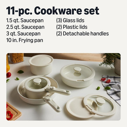 Ceramic Nonstick Cookware Set with Detachable Handles, 11-Piece Stackable, All Cooktop Friendly, Dishwasher-Safe, Includes Saucepan, Frying Pan, Glass and Plastic Lids, Linen Gray2