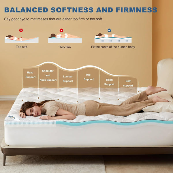 Queen Mattress Topper 4-Inch Dual Layer Memory Foam Mattress Topper | Mattress Topper for Back Pain, Dual Layer Medium Support (2" Gel Memory Foam + 2" Cooling Fluffy Pillow Top Pad), White3