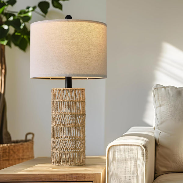 22.5" Boho Table Lamps Set of 2 for Living Room, Bedside Lamp for Nightstands, Rattan Lamp for Bedroom, Farmhouse Table Lamp for Room Decor, End Table, Retro, Brown（Not Include Bulbs）6