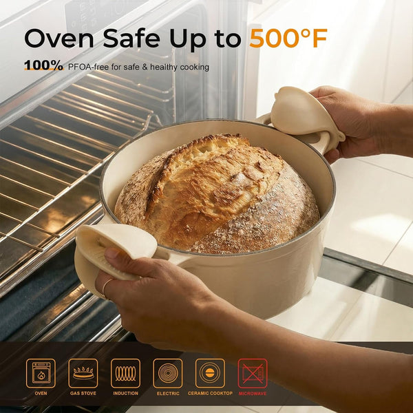 5.5QT Enameled Cast Iron Dutch Oven for Sourdough Bread, Slow Cooking & Home Meals, Beginner-Friendly Pot for Artisan Bread with Crispy Crust & Airy Interior, Easy to Clean, PFAS Free (White)4