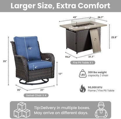 5 Pieces Outdoor Wicker Patio Furniture Set with Fire Pit Blue7