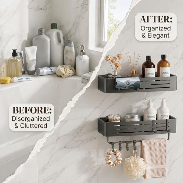 2 PCS Shower Caddy Suction Cup with Towel Bar & Hooks, No-Drilling (Gray)5