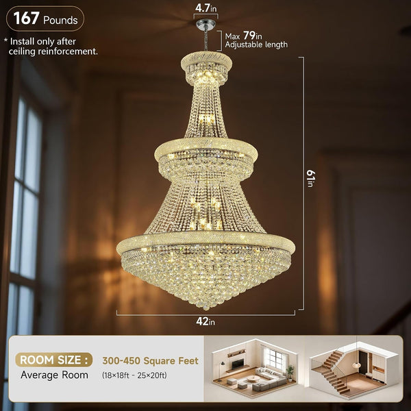 36-Lights High Ceiling Chandelier, 42'' W Modern Chrome Crystal Chandeliers Large Foyer Chandelier Fixtures for Staircase, Living Room, Hallway Entryway, Silver2