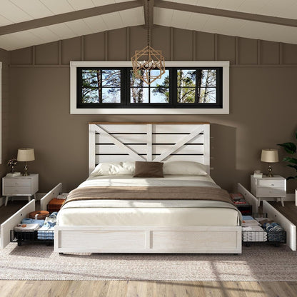 Full Size Farmhouse Bed Frame with 4 Drawers & Barn Door Headboard3