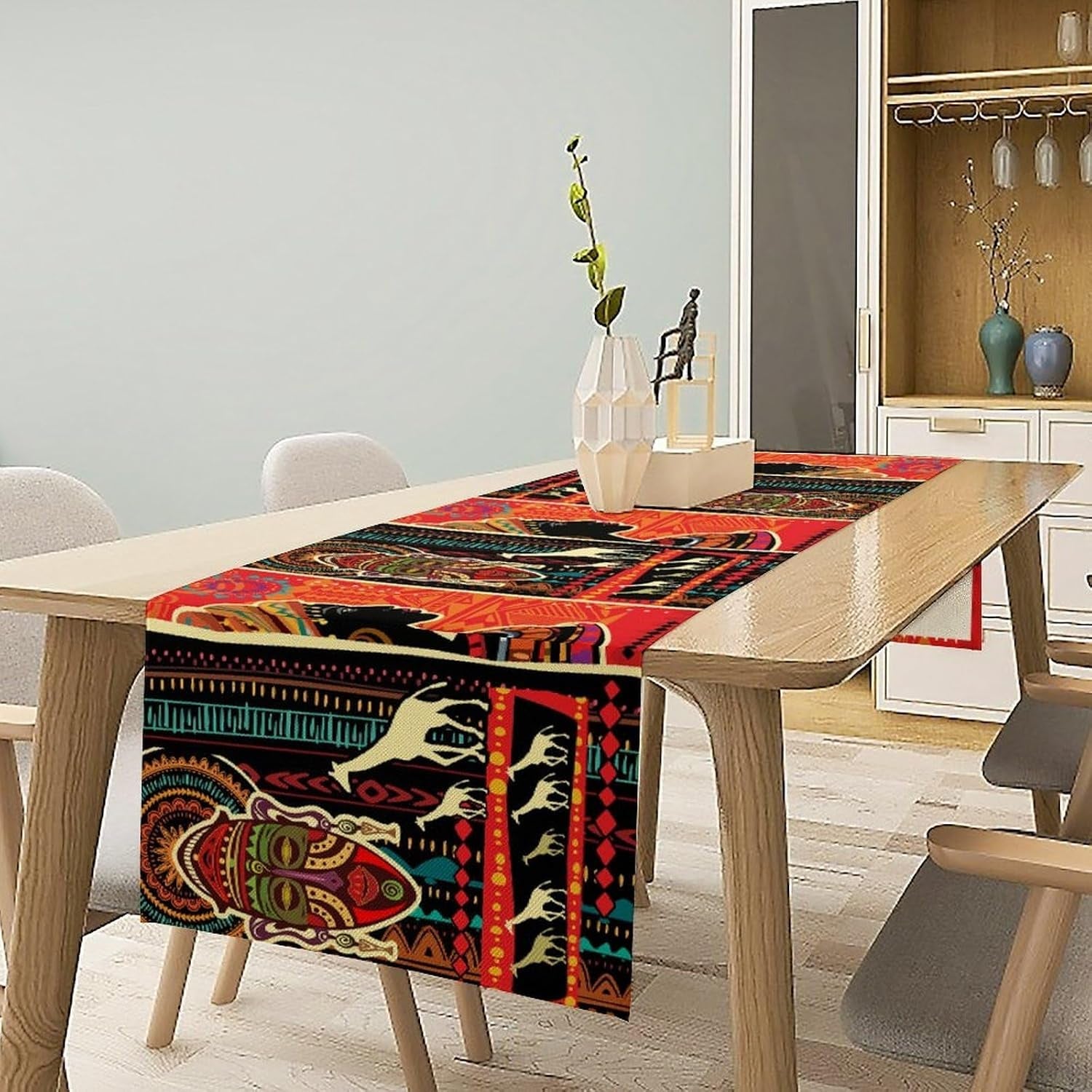 boho-african-table-runner-bohemian-masks-giraffe-african-ethnic-theme-kitchen-dinning-table-runner-for-indoor-outdoor-home-wedding-party-holiday-decor-13x90-inch