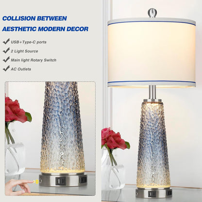 Coastal Glass Table Lamps for Living Room, 26" Table Lamps with USB A+C Ports & AC Outlet, Touch Control Bedside Nightstand Lamp with Crystal Night Light for End Table Office Desk Blue(Bulbs Included)3
