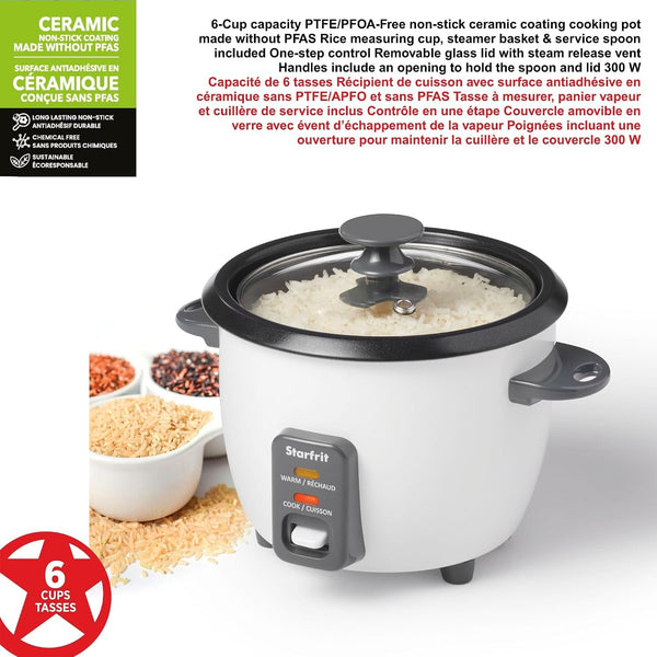 Electric Rice Cooker, 6 Cups, Ceramic Nonstick, 300W | Makes up to 6 Cups. Cook & Keep Warm. Ceramic Nonstick Pot. Steamer Basket Included. 300W Performance.4