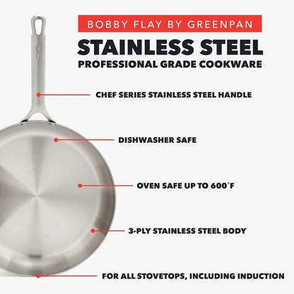 X Bobby Flay 10 Piece Stainless Steel Cookware Set, Tri-Ply Multiclad Pots & Pans, Professional Grade, Oven & Broiler Safe to 600°F, Dishwasher Safe, Durable, Induction Compatible, Silver6