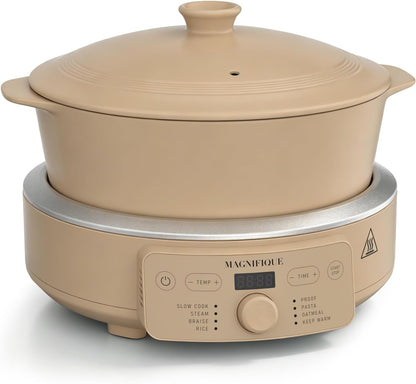 MAGNIFIQUE Slow Cooker, 4.5 Quart 8-In-1 Clay Pot Multi-Cooker, Non-Toxic Slow Cooker with Removable Clay Pot, for Rice, Pasta, Steam & Proof, Nonstick, Oven Safe Pot to 500°F, Brown1