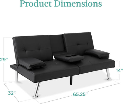 Faux Leather Upholstered Modern Convertible Futon, Adjustable Folding Sofa Bed, Guest Bed W/Removable Armrests - Black2