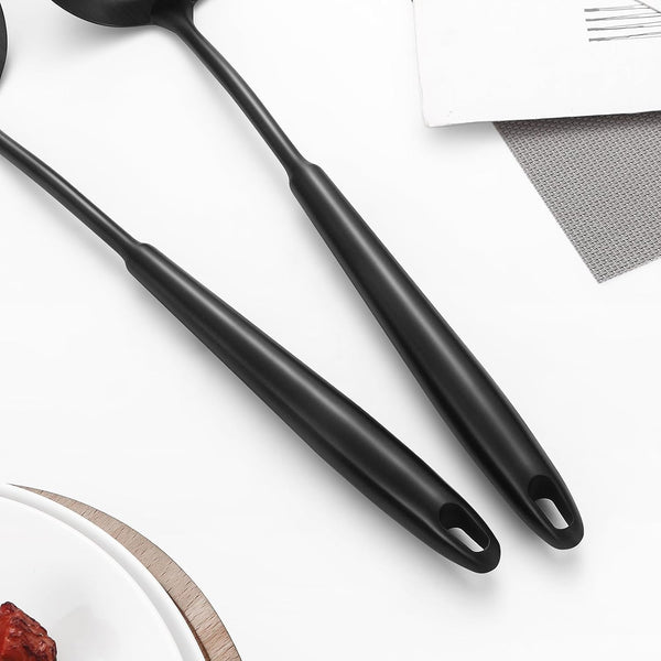 304 Stainless Steel Cooking Utensils,6 Pcs Kitchen Cooking Utensils Set with Spatula, Solid Spoon, Ladle, Skimmer, Spaghetti Spoon,Dishwasher Safe(Black)5