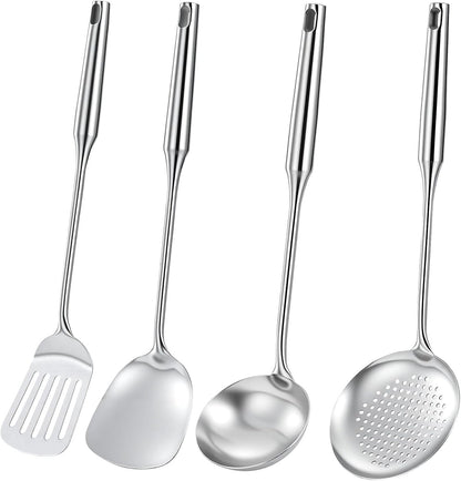 4-Piece Cooking Utensils Set, Stainless Steel Kitchen Utensils, Metal Kitchen Tools Include Solid & Slotted Turner Wok Spatula, Serving Spoon, Ergonomic Handle, Easy to Clean1
