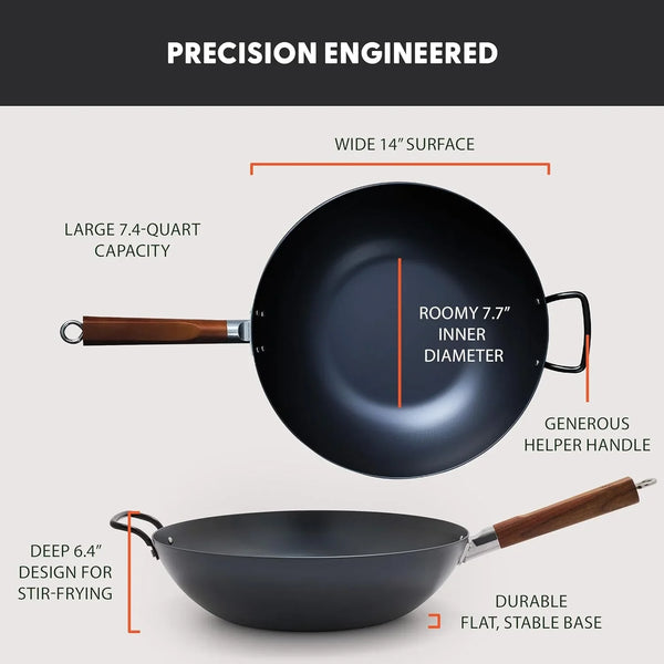 Carbon Steel Wok 14”, Flat Bottom, Durable Stir-Fry Pan, Pre-Seasoned Ready to Use, High Heat Retention, Induction, Ash Wood Handle, Kyoto, Black2