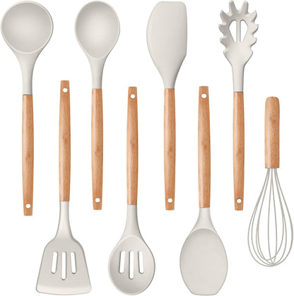 Silicone Kitchen Cooking Utensils Set with Wooden Handle, Khaki1