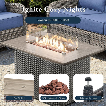 Luxury 6" Thick Cushioned 10 Pieces Patio Furniture Set with Fire Pit Table, Wicker Outdoor Conversation Set with High Back Swivel Rocker Chairs for Deck Porch Yard and Poolside - Grey+Grey8
