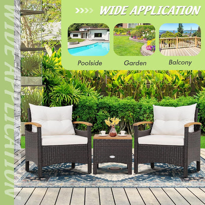 3-Piece Patio Furniture Set, Patiojoy Outdoor Rattan Sofa Set with Coffee Table, Patio Conversation Set with Removable Cushion, Cozy Acacia Wood Armrests for Backyard, Poolside (Off White)9