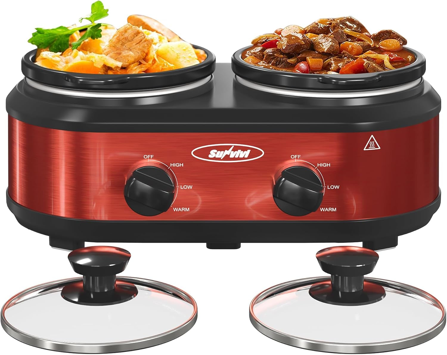 2-1-25-quarts-dual-slow-cooker-buffet-server-warmer-with-2-removable-ceramic-pots-3-adjustable-temp-settings-2-visible-glass-lids-stainless-steel-red
