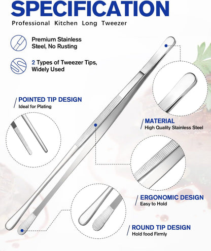 4 Pcs Fine Long Tweezer Tongs Professional Silver, 12'' and 10'' Stainless Steel for Kitchen, Food, Cooking, Repairing, Sea Food and BBQ2