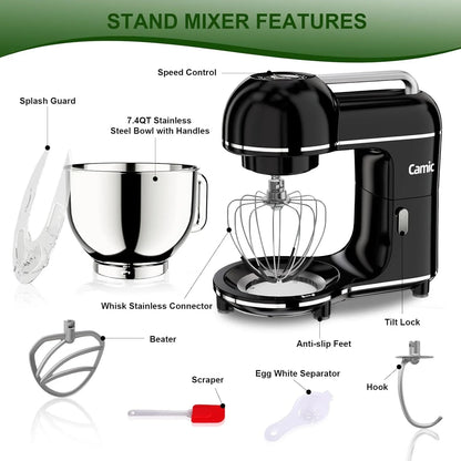 Electric Stand Mixer,7.45 QT,10 Speeds with Dough Hook,Whisk, Flat Beater Attachments, Splash Guard, Easy-Carry Top Handle,3-In-1 Kitchen Mixer for Baking Cakes Cookie Bread Salad (Black)9