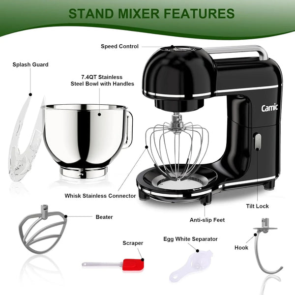 Electric Stand Mixer,7.45 QT,10 Speeds with Dough Hook,Whisk, Flat Beater Attachments, Splash Guard, Easy-Carry Top Handle,3-In-1 Kitchen Mixer for Baking Cakes Cookie Bread Salad (Black)9