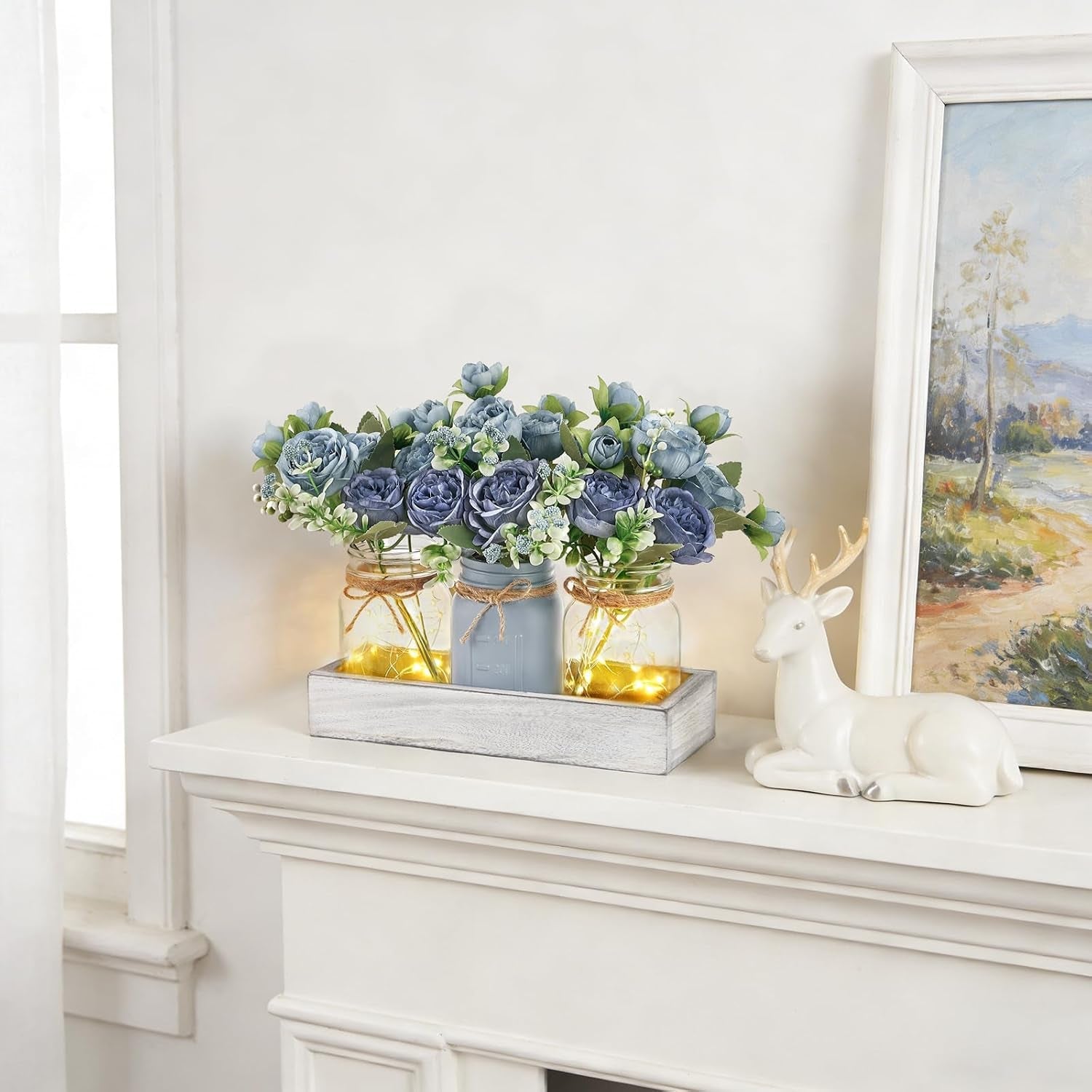 mason-jar-lights-centerpieces-for-tables-dining-room-farmhouse-decor-warm-glow-blue-artificial-flowers-wood-tray-coffee-table-decor-kitchen-living-room-wedding-indoor-outdoor-decoration