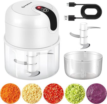 EASYSPEED Electric Garlic Chopper 1 Cup, Mini USB Charging Wireless Food Processor with 304 Stainless Steel, 3 Sharp Blades, Portable Kitchen Meat Grinder for Onion, Garlic, Ginger, Baby Food,White2