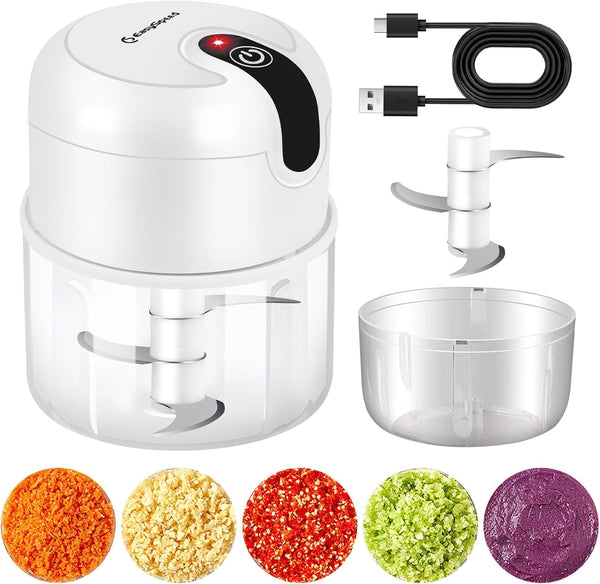 EASYSPEED Electric Garlic Chopper 1 Cup, Mini USB Charging Wireless Food Processor with 304 Stainless Steel, 3 Sharp Blades, Portable Kitchen Meat Grinder for Onion, Garlic, Ginger, Baby Food,White2