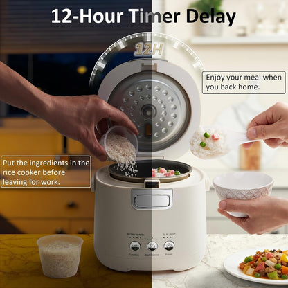 Rice Cooker Small – Mini Rice Cooker 2 Cups Uncooked – Portable Rice Maker | with Non-Stick Coating,12-Hour Timer Delay & Auto Keep Warm & One-Touch for Dorm Office Travel 1-2 Person (Beige)3