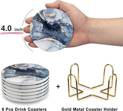 Coasters Set of 6, Navy Blue Marble Abstract Ceramic Coasters with Holder | Best round Absorbent Drink Coaster Set, Coffee Table Decor for Home Decor House Warming Gifts New Home3