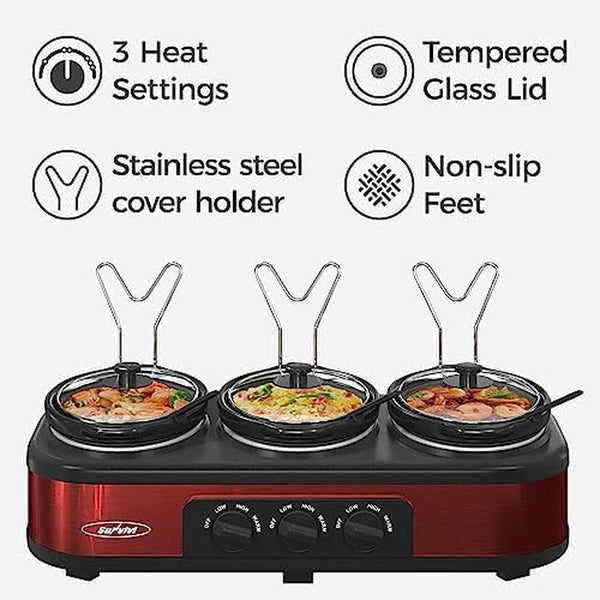 3 * 1.5 Quarts Triple Slow Cooker, Buffet Server & Warmer with 3 Removable Ceramic Pots, 3 Adjustable Temp Settings & 3 Metal Lid Rests, Stainless Steel, Red3