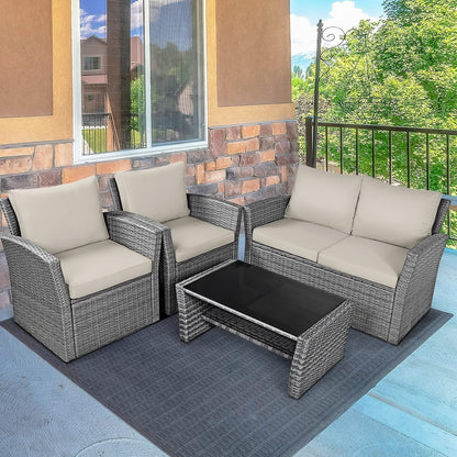 4 Pieces Conversation Set Outdoor Patio Rattan Furniture Set with Cushions and Coffee Table, Sectional Wicker Sofa Set for Garden Porch Balcony Poolside3