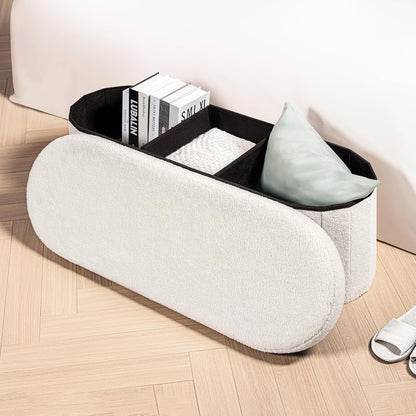 Ottoman with Storage for Living Room, Sherpa Folding Storage Ottoman Foot Rest, 43.3 Inches Collapsible Bedroom Bench White Cream2