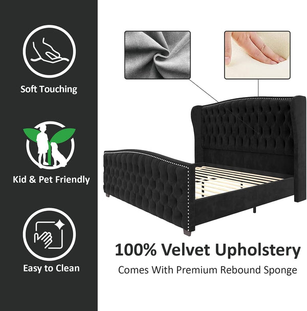 Queen Size Bed Frame with Velvet Upholstered Wingback Headboard7