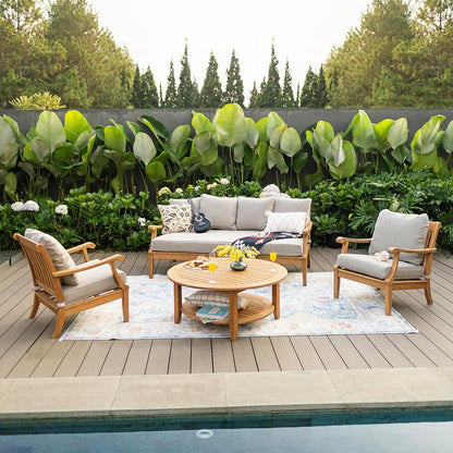 Robin Teak Wood 4 Piece Patio Conversation Set with Oyster Cushion, Patio Furniture Set with Sofa Bed, 2 Outdoor Club Chairs, and 1 round Coffee Table, Weather-Resistant2