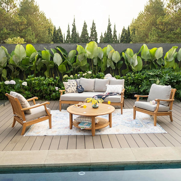 Robin Teak Wood 4 Piece Patio Conversation Set with Oyster Cushion, Patio Furniture Set with Sofa Bed, 2 Outdoor Club Chairs, and 1 round Coffee Table, Weather-Resistant2
