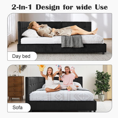 Full Size Daybed L-Shaped, Modern Velvet Upholstered Sofa Day Bed Frame with Wood Slats for Living Room Bedroom Guest Room, No Box Spring Needed, Black5