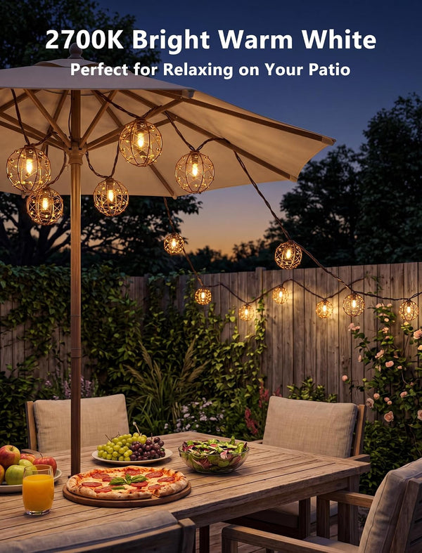 Outdoor Decorative Patio Lights, 12FT 20LED Plug-In Beaded Copper Wire Ball Style Lantern Lights, Connectable IP44 Waterproof Boho Hanging Lights for Home Porch Bistro Garden Indoor/Outside6